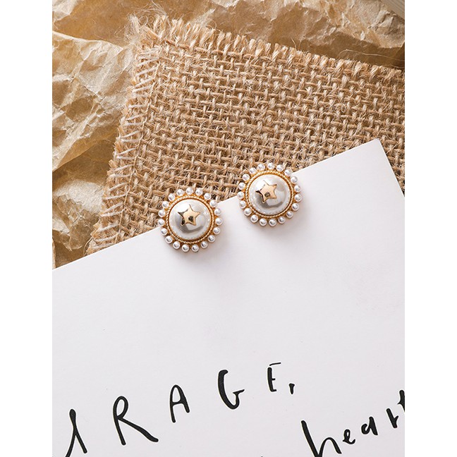 LRC Anting tusuk Fashion Golden Pentagram Round Pearl Stud Earrings D78119