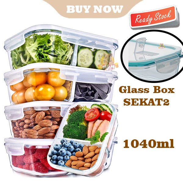 Borosilicate Glass Lock container 1040ml Sekat 2 Tempat makan ompreng