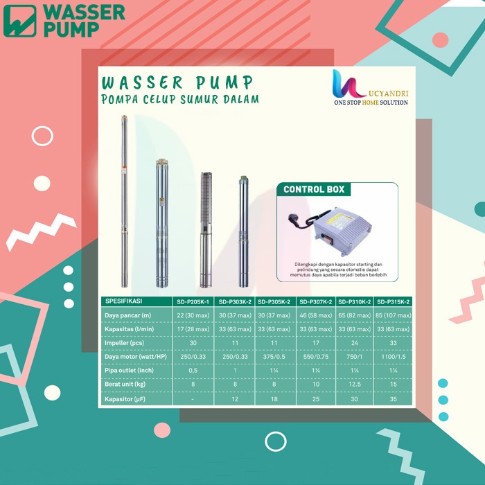 Pompa Celup Sumur Dalam 2in Wasser SD-P205K-1 Kabel Power 16 Meter