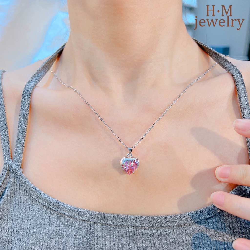 Kalung Liontin Bentuk Hati Warna Pink Bahan Zirkon Untuk Perempuan