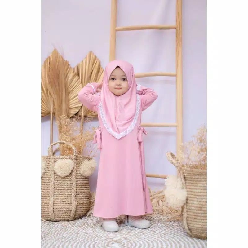 Gamis Khadijah Set Hijab Anak Perempuan Usia 6 Bulan-2 Tahun |Setelan Busana Bju Syari Bayi Terbaru 8 bln-1 Thn|Stelan Pakaian Tanggung Little Pineapple Baju Muslim Lucu