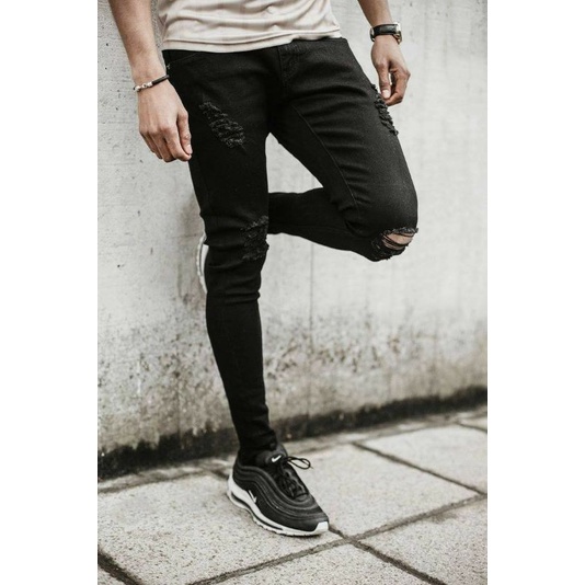 CELANA SOBEK PRIA RIPPED JEANS ROBEK STANDAR REGULER BASIC HITAM DENIM 28-38