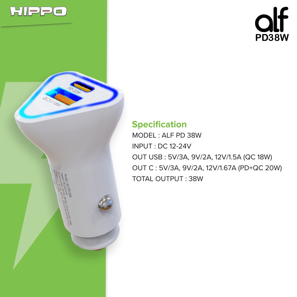 Hippo Car Charger ALF 2 PD 38W Power Delivery Fast Quick Charging 3.0 Casan Colokan Mobil Type C Android Iphone Micro Lightning QC Dual Port USB A USB C