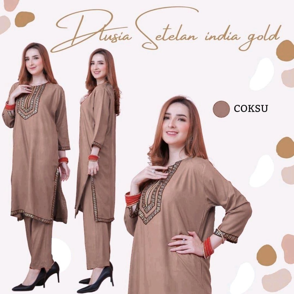 Dlusia Setelan Sadin Gold - One Set Wanita Tunik Renda Jumbo Rayon Premium Setelan Wanita Lengan Pendek Set Baju Muslim Kekinian LD  125 cm