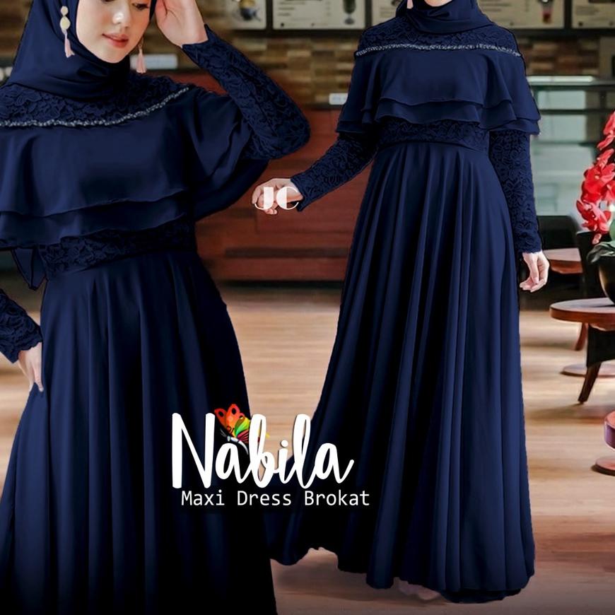 ♞ MAXY DRESS BROKAT IMPORT PEREMPUAN GAMIS MUSLIM NABILA SIZE JUMBO L XL XXXL AKSEN MUTIARA TEMBAK L