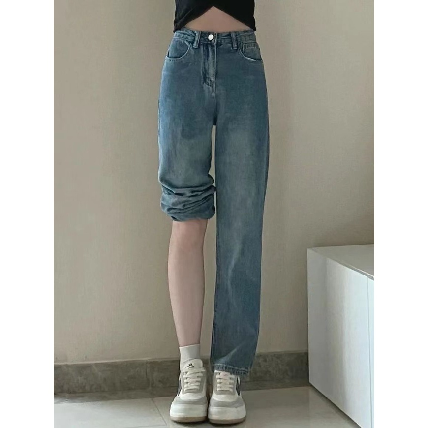 Celana Jeans Longgar Wanita Pinggang Tinggi Biru Retro Korea Baru