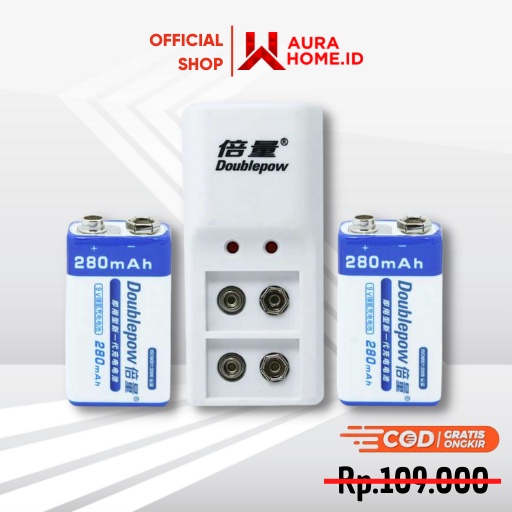 Charger Baterai 2 slot for 9V with 2PCS 9V 280mAh / Charger Baterai Batre Batrai AA AAA Senter Ergen