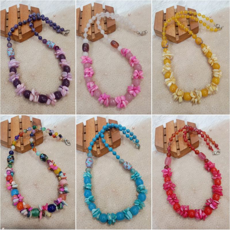 Kalung Batu Alam mix Kerikil & Manik Kaca Jombang