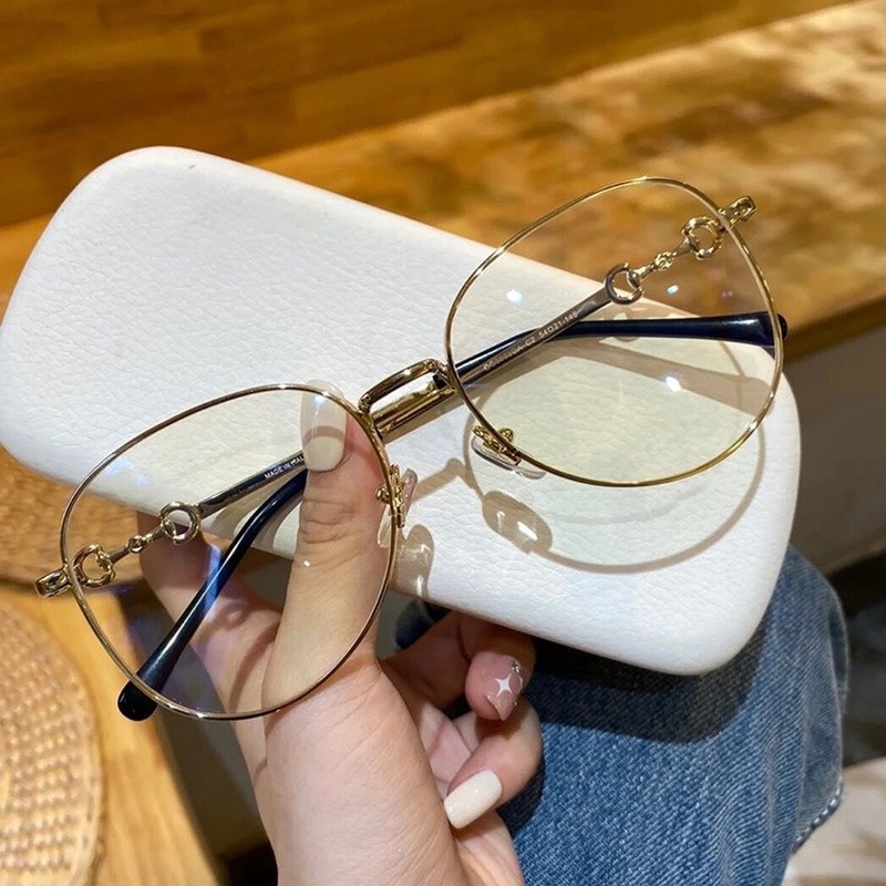 (YUZHU) COD Fashion Baru Logam Anti Blue Light Horsebit Desain Aviator Glasses Perempuan