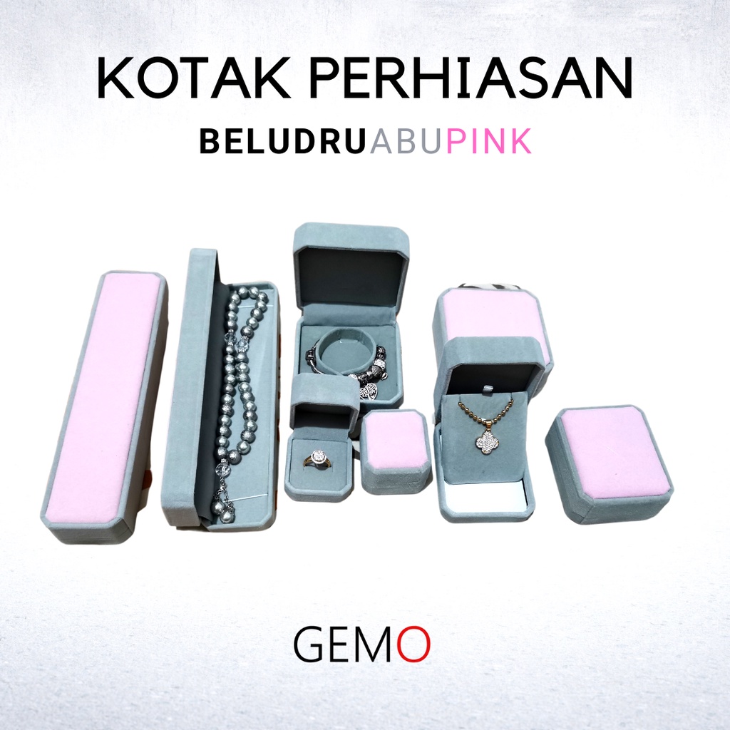 Kotak Perhiasan Warna Abu Pink Beludru Set / Cincin / Liontin / Gelang / Kalung Koye / Jewelry Box Unik Lucu untuk Tempat Wadah Seserahan / Akad Pernikahan / Hantaran Tunangan Harga Paling Murah cocok untuk Aksesoris Emas Berlian/ Perak Permata