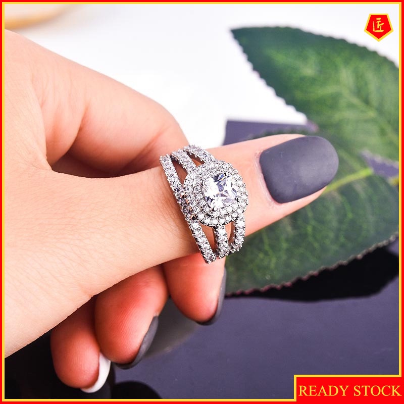 [Ready Stock]Luxury Elegant Three-Layer Diamond Inlaid Moissanite Ring