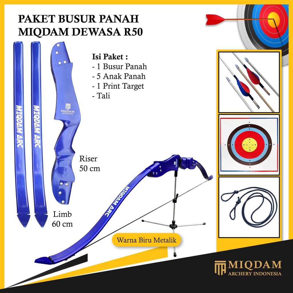 Busur Panah Miqdam Dewasa R50 || Face Target || 5 Arrow Bambu Petung Point Anhas Vanes Lakban