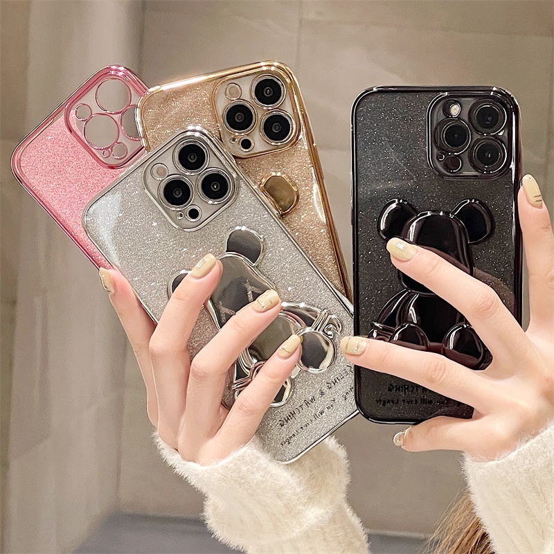 Casing Soft Case iPhone 11 12 13 Pro MAX XR XS MAX 7 + 8Plus XX 6D Motif Beruang Glitter