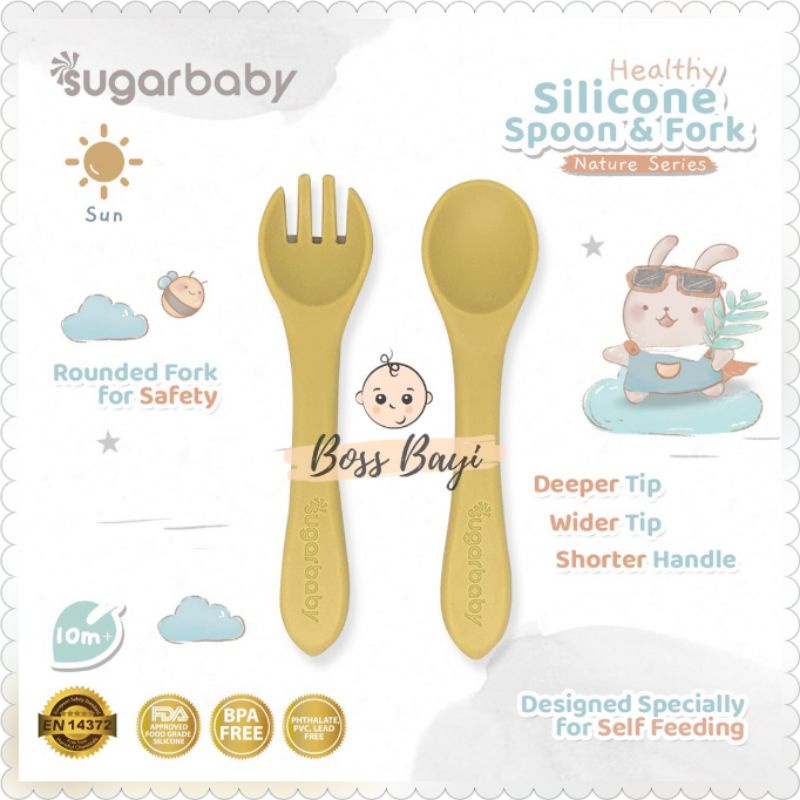 SUGARBABY Healthy Silicon Spoon &amp; Fork Nature Series /Sendok Garpu Silikon Bayi Anak Sugar Baby