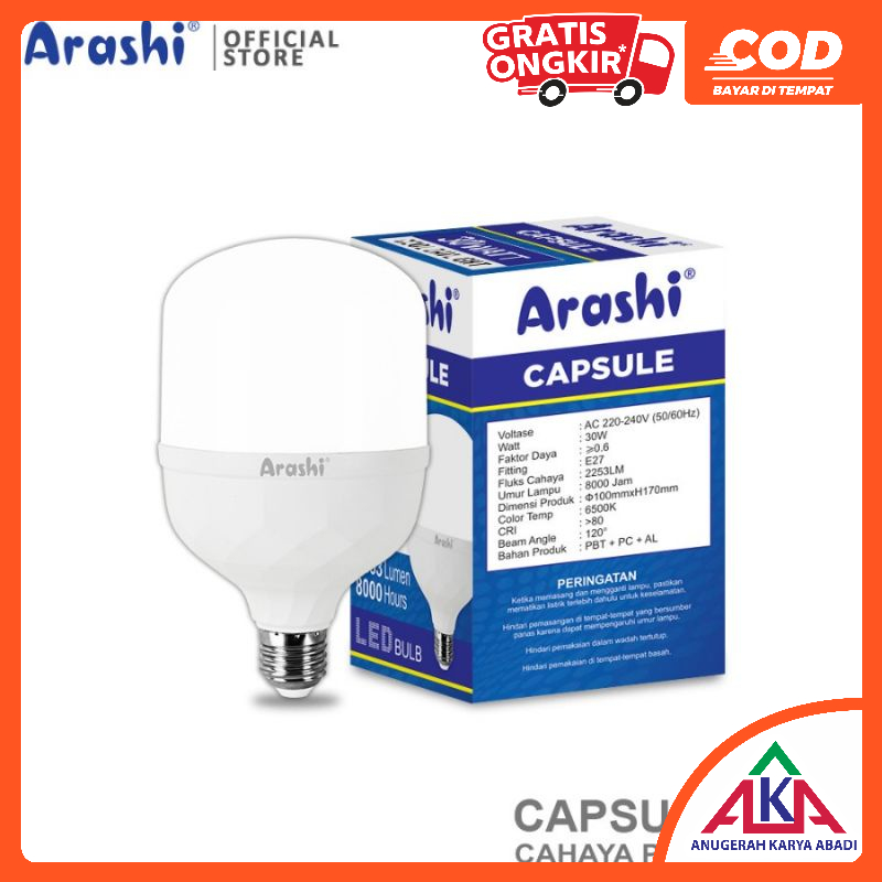 Jual Bohlam Lampu LED Arashi Capsule 30W / 30 Watt Cahaya Putih Terang ...