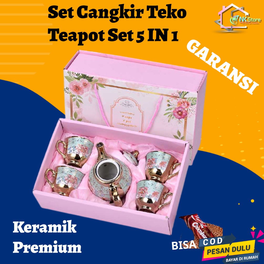 Cangkir Set Teko Teapot Set 5 IN 1 Keramik PREMIUM Europa Classic Style