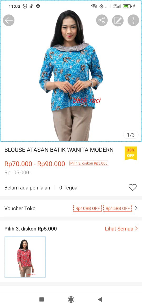 Atasan Batik Wanita Blouse Berkerah Besar Waran Biru Size S-m-l-xl-xxl-3l-4l-5l