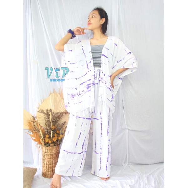 Set Outer Cardigan dan Kulot Tiedye Bali Lilit bohemian-Tiedye garis ungu