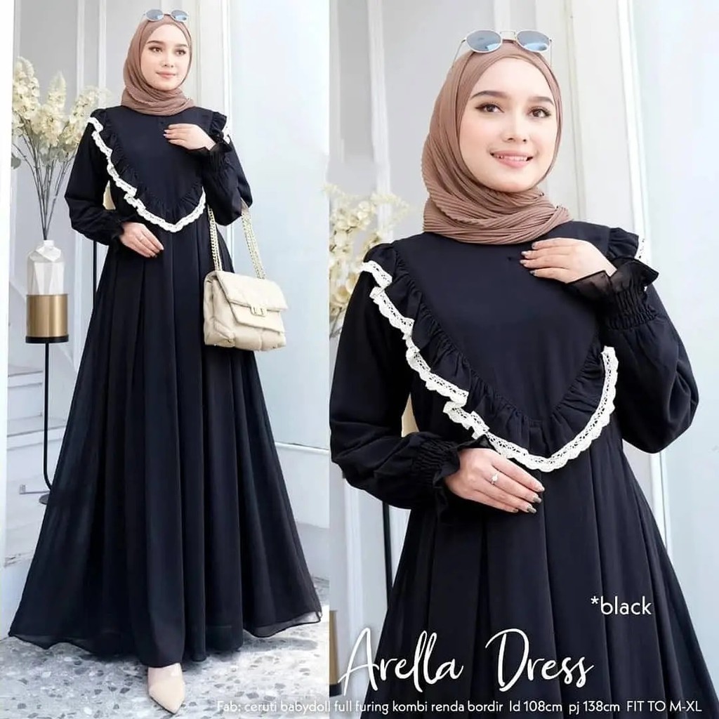 ARELLA DRESS BO BL Bahan CERUTY BABYDOLL FULL PURING APLIKASI RENDA Gamis Wanita Terbaru 2021 Kekinian Viral Gamis Murah Terbaru Gamis Terbaru 2021 Modern Import