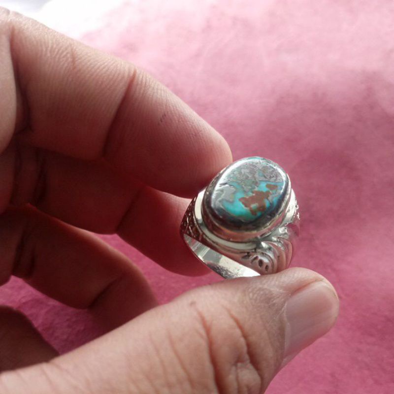 cincin batu akik pirus Persia serat perak