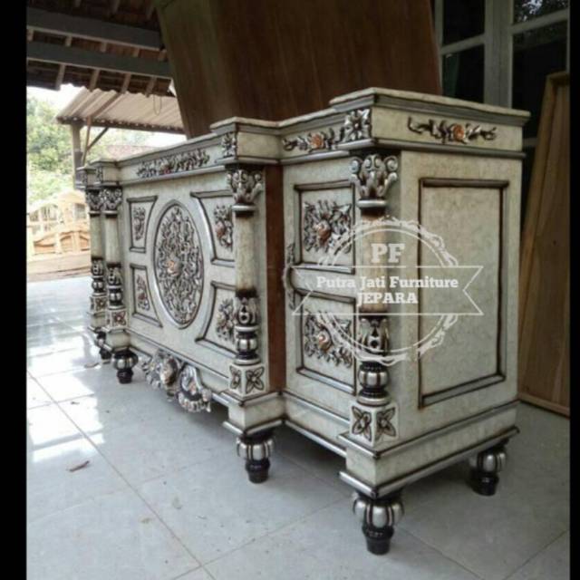 Bufet meja tv panjang lemari pendek ukir kayu jati warna putih kombinasi