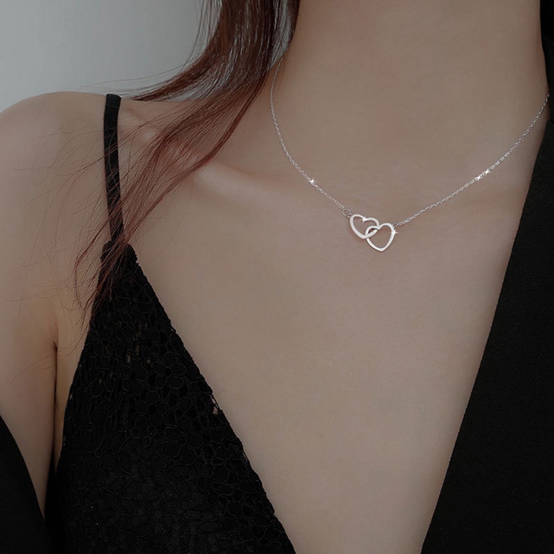 Kalung Rantai Choker Liontin Hati Ganda Bahan S925 Silver Gold Gaya Korea Untuk Wanita