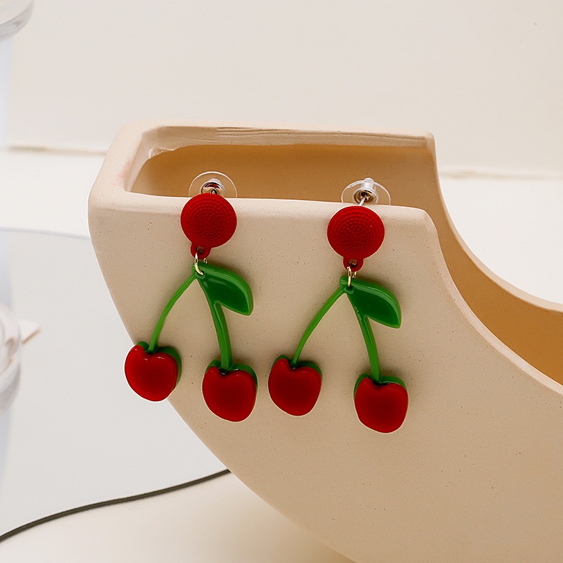 Anting Desain Kartun Cherry Bahan Akrilik Aksen Berlian Gaya Retro