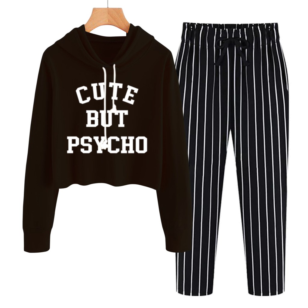 BESS - Baju Setelan Wanita Murah / Setelan Hoodie Crop + Celana Salur Hitam - CUTE BUTE PSYCHO