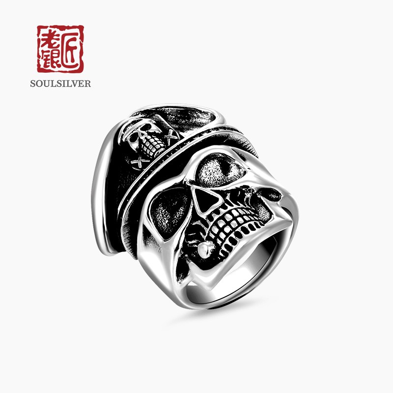 ✗☃perajin tua 925 tengkorak bajak laut perak cincin terbuka pria retro wajah tua lebar mendominasi k