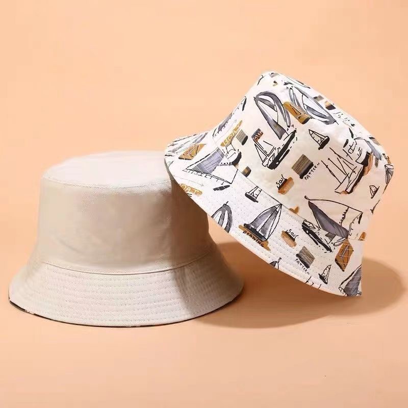 Topi Nelayan Bahan Katun Dua Sisi Motif Doodle Gaya Korea Untuk Unisex