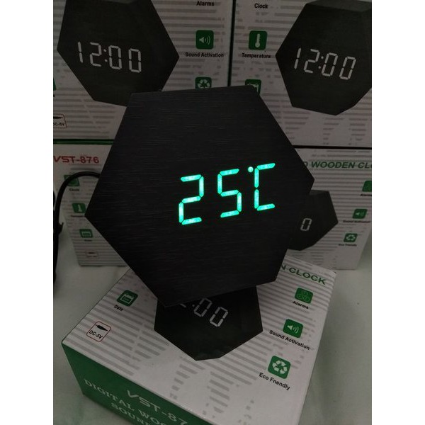 Jam Meja Digital Led Weker Digital Wood Alarm Clock 876 black green