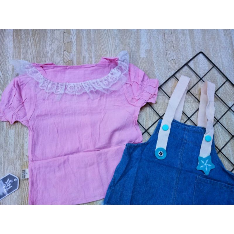 SETELAN DRESS OVERALL JEANS TUTU ANAK IMPORT 1-5 TAHUN / SETELAN BLOUSE OVERALL JEANS ANAK CEWEK IMPORT 1-5 TAHUN WORTEL