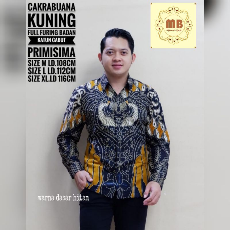 Kemeja batik pria lengan panjang / pendek modern batik solo furing katun Cakra buana kuning