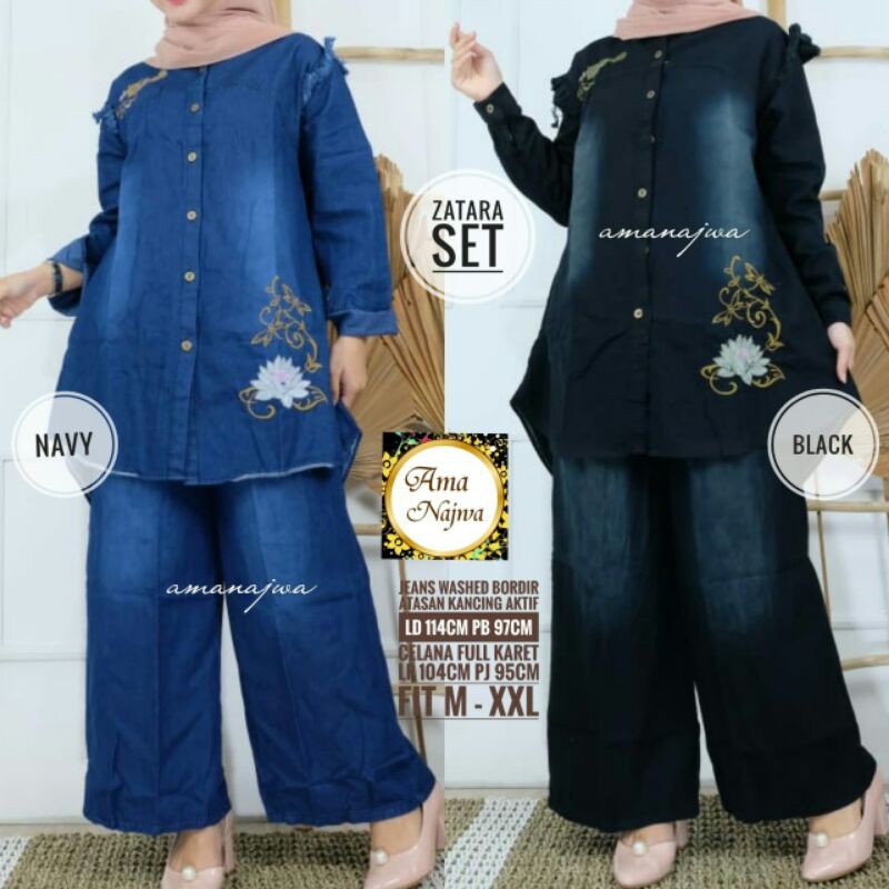 zatara set setelan wanita blouse dan kulot jeans bordir ori