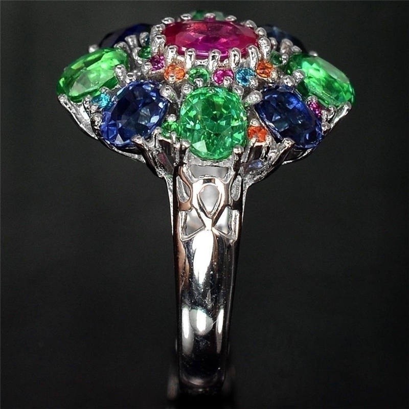 SeuSuk Fashion Floral Exquisite Colorful Oval Cut 6.88CT Tanzanite Diopside Ring