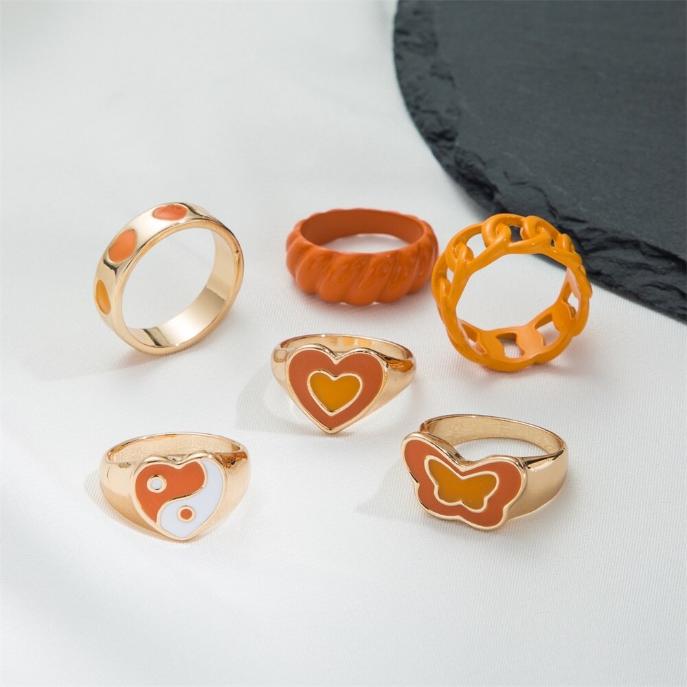 6pcs / Set Cincin Knuckle Bahan Resin Akrilik Desain Hati + Kupu-Kupu Y2K Untuk Wanita