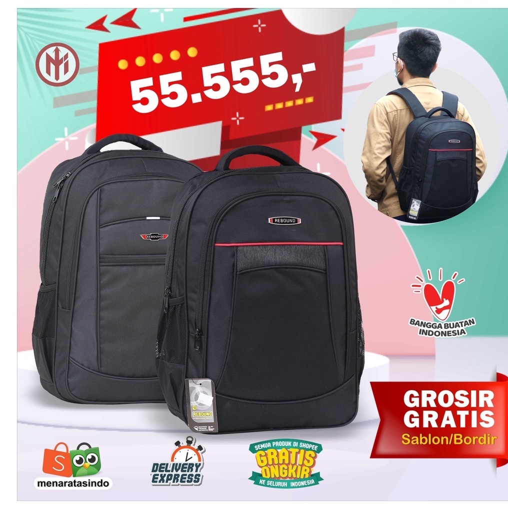 Ransel Laptop Pria Original Tas Anak Cowok Sekolah Kuliah Kerja Merk Rebound Hitam Elegant FREE Rain