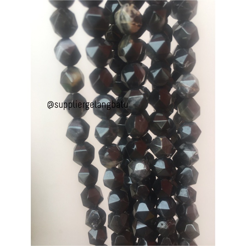 batu faceted hexagon Stone 8mm black obsidian akik bahan gelang kalung aksesoris craft hitam gelap