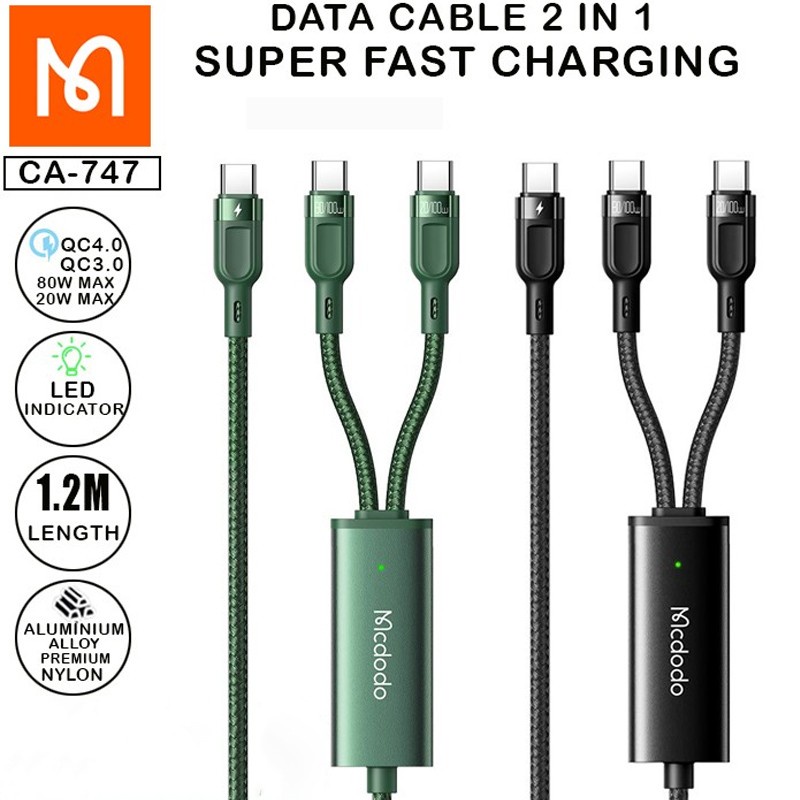 MCDODO CA-747 Cable Charger 2 IN 1 USB C To Dual Type C Kabel 5A 100W 1.2M Samsung