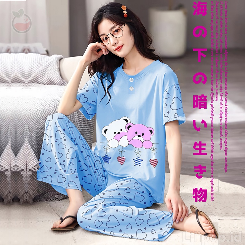 Baju Tidur Stelan Wanita Celana Panjang Baby doll Dewasa Piyama Allsize Cp Lilipop Sleep Wear-Twin Bear biru