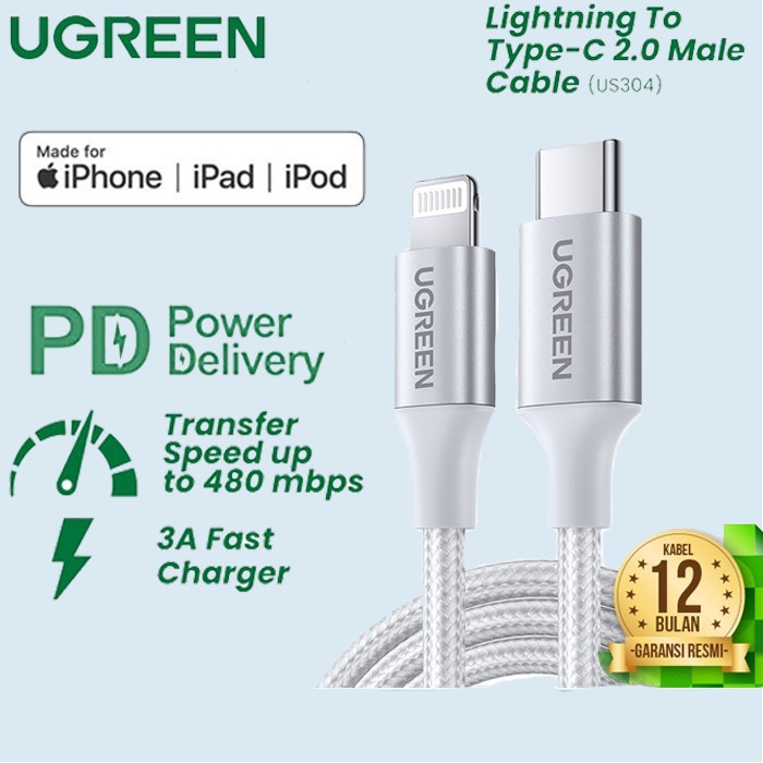 ugreen kabel charger mfi untuk iphone 12 13 pro max usb c lightning cable data pd fast charging 20w 
