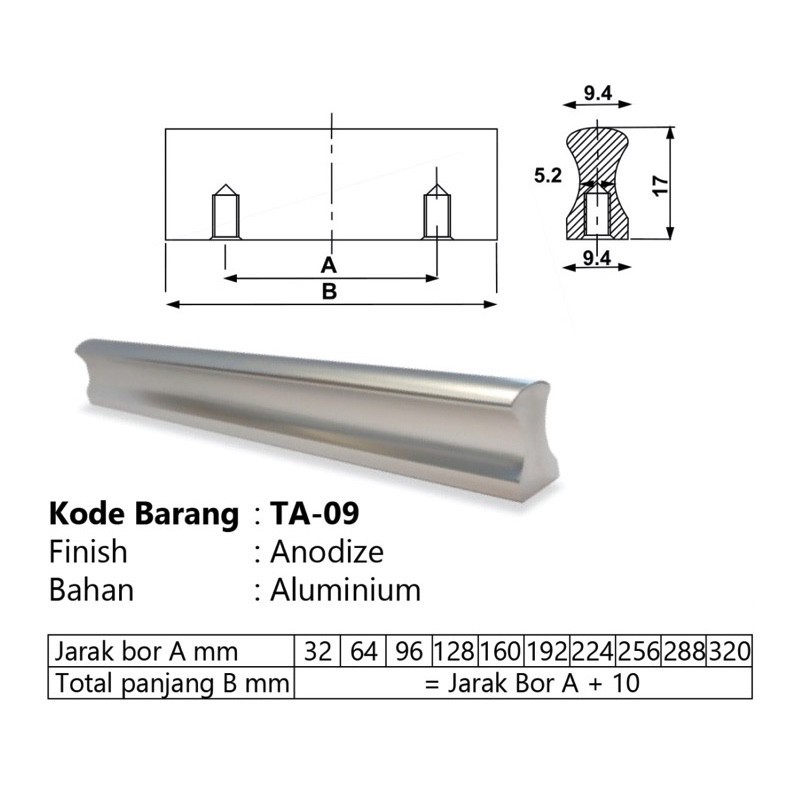 Tarikan Lemari / Tarikan Laci / Handle HUBEN TA 09 (32 mm)