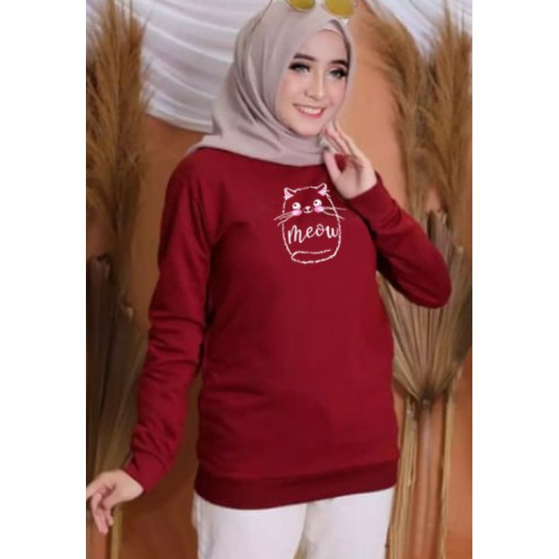 Kaos Lengan Panjang MEOW FULL / Kaos Sweatshirt / Atasan Wanita / Atasan Wanita Lengan Panjang