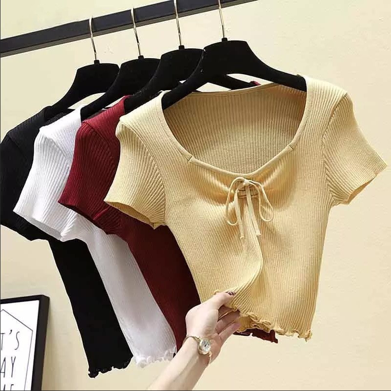 BLOUSE KOREA  Murah Trend Atasan Kemeja Perempuan Crop Top BHN Kaos Rajut Vneck Ribbon Serut / PUFFY