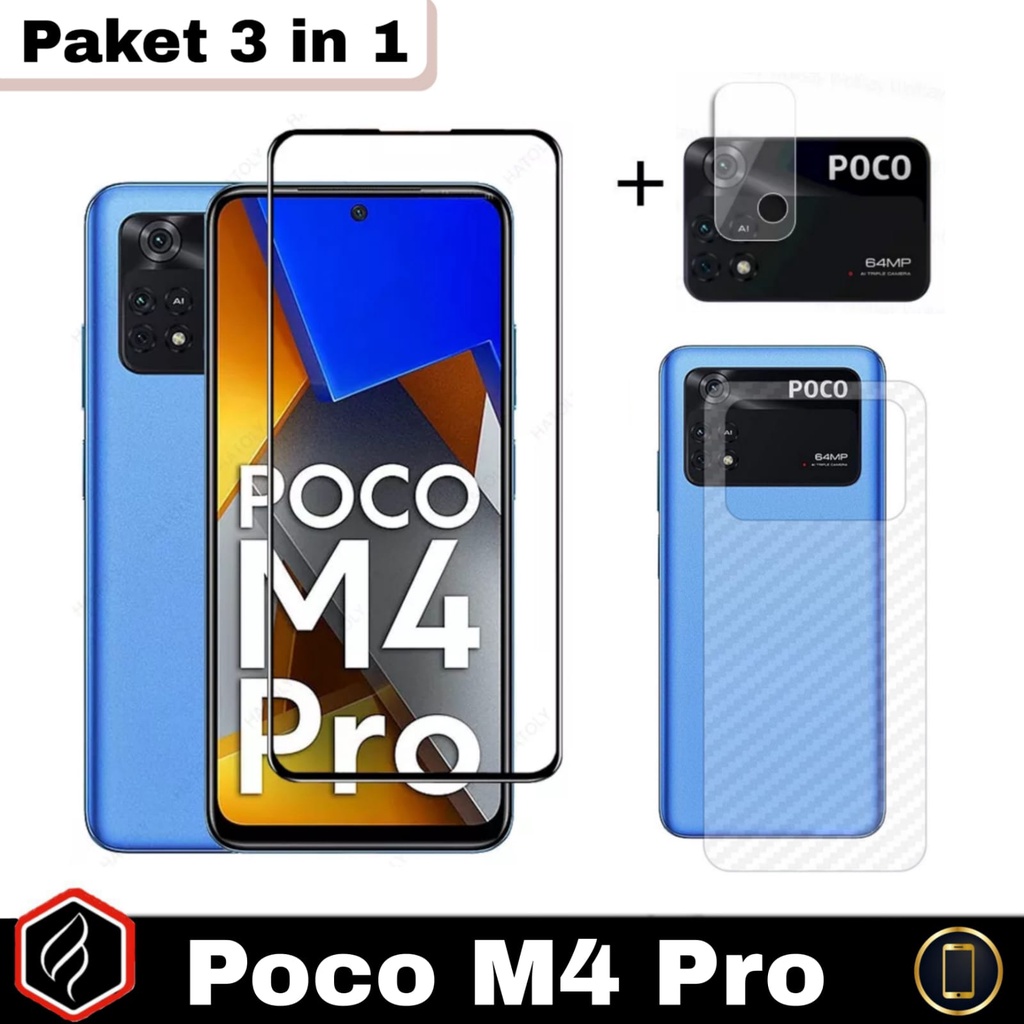 Paket 3 in 1 Poco M4 Pro 4G Anti Gores Layar Kaca Full Cover Free Tempered Glass Camera &amp; Garskin Carbon | Anti Gores Layar Kaca Anti SPY For Poco M4 Pro 4G