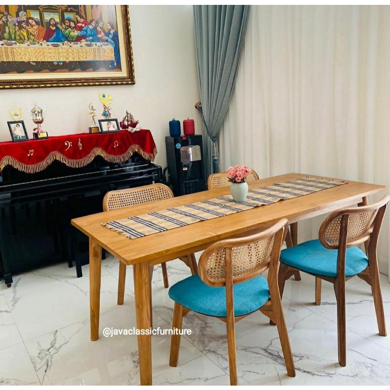 1 SET KURSI MEJA MAKAN UKURAN 140x80x70 DINNING CHAIR ROTAN JOK CAFE RESTORAN MINIMALIS RETRO VINTAGE BAHAN KAYU JATI FINISHING NATURAL FURNITURE JEPARA-1