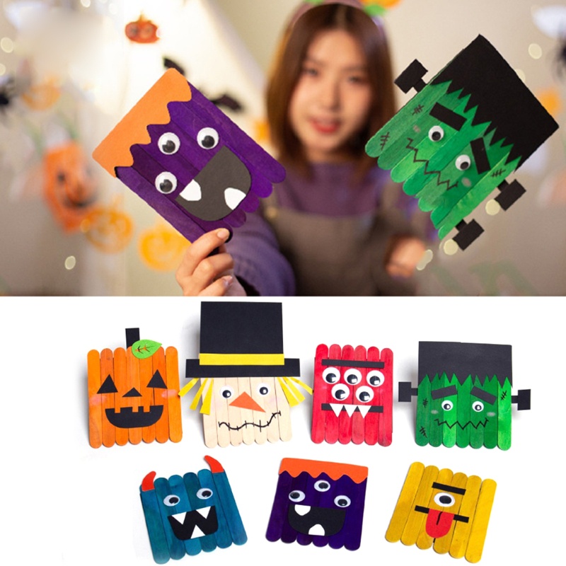 Zzz 7pcs / Set Mainan Tema Halloween Bahan Kayu Untuk Kerajinan Tangan Anak DIY