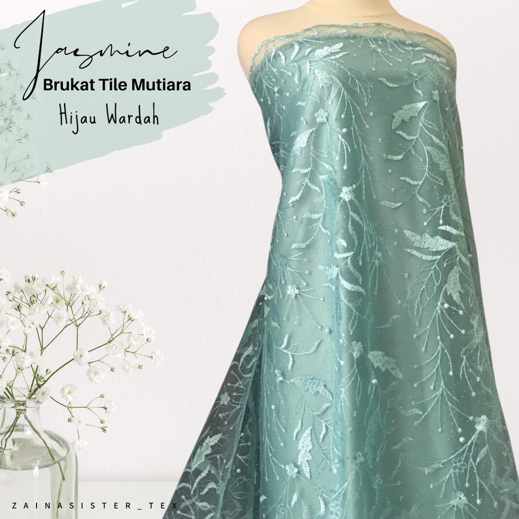 Bahan Kain Kebaya Brokat Brukat Tile Tille Mutiara Jasmine Warna Hijau Wardah/Mint