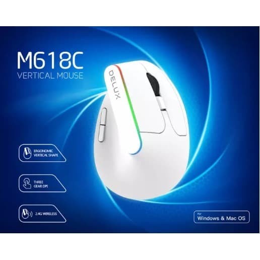 Mouse Delux M618C - RGB Wireless Vertical Ergonomic Mouse Gaming M618C - Mouse Gaming Delux M618C