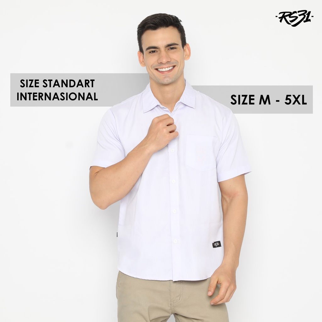 RS31 Baju Kemeja Atlanta Shirt White - Kemeja Pria Polos Lengan Pendek Warna Putih, Baju Kerja, Kantor Ukuran Super Big Size/Jumbo Putih